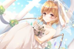  alternate_costume bare_shoulders blonde_hair blue_sky blush bouquet breasts bridal_veil closed_mouth collarbone commentary day dress dutch_angle english_commentary female flandre_scarlet flower highres holding holding_bouquet looking_at_viewer medium_hair mumu-crown rose sky small_breasts smile solo strapless strapless_dress touhou veil wedding_dress white_dress white_flower white_rose wings 