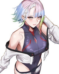  absurdres anoreika_tomoe bare_hips bare_shoulders breasts closed_mouth cyberpunk cyberpunk_(series) cyberpunk_edgerunners cyborg eyeliner female highleg highleg_leotard highres jacket leotard lucy_(cyberpunk) makeup multicolored_hair narrow_hips off-shoulder_jacket off_shoulder red_eyeliner red_lips short_hair simple_background sleeveless_turtleneck_leotard solo upper_body walking white_background white_hair 