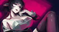  animal_ears bare_shoulders black_hair black_jacket black_thighhighs blue_eyes breasts buttons collarbone eyeshadow female hair_between_eyes hand_on_own_face hand_up highres jacket jane_doe_(zenless_zone_zero) large_breasts lips long_hair long_sleeves looking_at_viewer low_ponytail makeup mouse_ears mouse_girl multicolored_hair open_clothes open_jacket pink_background ponytail purple_eyeshadow purple_hair purple_lips sanshoku_dango_(shukosuko) simple_background sitting solo tank_top teeth thighhighs two-tone_hair white_tank_top zenless_zone_zero 