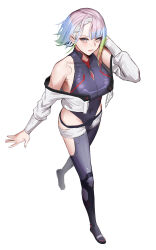  absurdres anoreika_tomoe bare_hips bare_shoulders breasts closed_mouth cyberpunk cyberpunk_(series) cyberpunk_edgerunners cyborg eyeliner female full_body highleg highleg_leotard highres jacket leotard lucy_(cyberpunk) makeup multicolored_hair narrow_hips off-shoulder_jacket off_shoulder red_eyeliner red_lips short_hair simple_background sleeveless_turtleneck_leotard solo walking white_background white_hair 