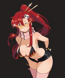  artist_name bare_shoulders bikini bikini_top_only black_bikini black_gloves black_shorts blush breasts commentary cowboy_shot dark_background female fingerless_gloves flame_print glint gloves hair_ornament hair_stick hand_on_own_hip highres kamina_shades large_breasts leaning_forward long_hair looking_at_viewer navel orange-tinted_eyewear parted_lips pink_scarf pink_thighhighs ponytail red_hair scarf short_shorts shorts sidelocks simple_background skull_hair_ornament solo standing swimsuit tengen_toppa_gurren_lagann thighhighs tinted_eyewear vizaz yellow_eyes yoko_littner 