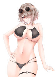  absurdres bare_shoulders bikini black_bikini breasts brown_hair cowboy_shot eyewear_on_head female hair_over_one_eye hand_on_own_hip highres honkai_(series) honkai_impact_3rd large_breasts match_(scp115) mole mole_under_eye navel rita_rossweisse short_hair simple_background smile solo stomach sunglasses swimsuit thigh_strap white_background 