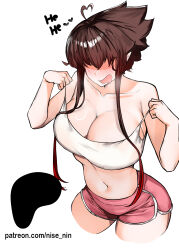  ahoge bare_shoulders blush breasts brown_hair cleavage collarbone cowboy_shot crop_top cropped_legs dolphin_shorts drooling english_text female hair_over_eyes heart heart_ahoge highres large_breasts micro_shorts midriff navel nin_fake nose_blush open_mouth original patreon_username pink_shorts pointy_ears saliva short_hair short_hair_with_long_locks short_shorts shorts sidelocks simple_background smile solo_focus sports_bra strap_pull tank_top web_address white_background white_sports_bra white_tank_top 