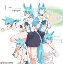  absurdres animal_ears blue_eyes blue_hair carrot choker cowboy_shot crying cyan_(horse_race_tests) eating female highres horse_ears horse_race_tests horse_tail inset long_hair luxu multiple_views ponytail running sailor_collar shirt skirt sports_bra sportswear sweat tail white_shirt 