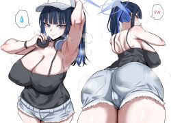  absurdres arm_up armpits ass back baseball_cap black_camisole black_hair blue_archive blue_eyes blue_hair blue_halo blunt_bangs breasts camisole closed_mouth collarbone covered_nipples denim denim_shorts female grey_shorts halo hat headphones headphones_around_neck highres large_breasts long_hair looking_at_viewer multicolored_hair multiple_views ponytail saori_(blue_archive) short_shorts shorts shoulder_blades sidelocks simple_background smile spoken_sweatdrop standing sweatdrop trefoil two-tone_hair white_background white_hat woo_(woosan) 