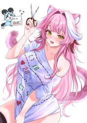  &gt;_&lt; animal_ears armpit_crease black_thighhighs blush breasts chattino_(raora_panthera) collarbone commentary english_commentary english_text fangs female fingernails flying_sweatdrops hair_intakes heart heart_print highres holding holding_scissors hololive hololive_english large_breasts like_and_retweet long_hair looking_at_viewer multicolored_hair open_mouth panther_ears panther_girl panther_tail pink_hair pink_nails raora_panthera scissors see-through_silhouette shirt shirt_tug short_sleeves simple_background single_bare_shoulder smile streaked_hair sweat sweet_j t-shirt tail teeth thighhighs thighs twitter_cutting_game two-tone_hair virtual_youtuber white_background white_hair white_shirt yellow_eyes 