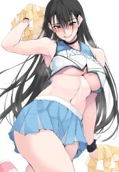 bare_arms black_choker black_eyes black_hair blue_skirt breasts cheerleader choker commentary_request female grin hair_between_eyes highres long_hair looking_at_viewer medium_breasts navel original pleated_skirt pom_pom_(cheerleading) shirt simple_background skirt smile solo standing thighs underboob white_background white_shirt zekkyon 