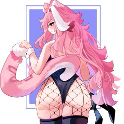 absurdres animal_ears ass back bare_shoulders black_hairband black_leotard black_pantyhose black_thighhighs blush closed_mouth clulless commentary english_commentary female fishnet_pantyhose fishnets from_behind hair_intakes hairband highres holding_hairband holding_own_tail hololive hololive_english leotard long_hair looking_to_the_side multicolored_hair panther_ears panther_girl panther_tail pantyhose pink_hair purple_background raora_panthera simple_background solo streaked_hair tail thighhighs thighs two-tone_hair unworn_hairband virtual_youtuber white_hair white_wrist_cuffs wrist_cuffs yellow_eyes 