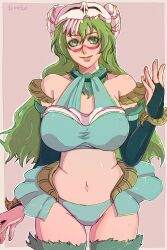  aqua_panties aqua_shirt artist_name bare_shoulders bleach breasts bridal_gauntlets brown_background closed_mouth commentary cowboy_shot detached_sleeves facial_mark female green_eyes hair_between_eyes highres large_breasts long_hair looking_at_viewer midriff navel nelliel_tu_odelschwanck panties shirt skull_on_head smile solo strikek-lvvjm27 underwear wavy_hair 