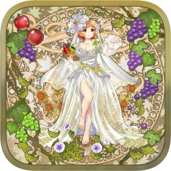  aki_minoriko aki_minoriko_(platinum-white_autumn) alternate_costume apple art_nouveau barefoot basket bellflower blonde_hair breasts bridal_veil chinese_bellflower chinese_lantern_(plant) cleavage closed_mouth collarbone cosmos_(flower) dress feet female flower flower-trimmed_dress flower_trim food fruit full_body game_cg grapes hair_flower hair_ornament highres holding holding_basket large_breasts leaf legs long_sleeves looking_at_viewer morning_glory official_art orange_eyes purple_flower rotte_(1109) see-through_clothes see-through_dress see-through_sleeves see-through_veil short_hair side_slit smile solo thighs third-party_source toenails toes tomato touhou touhou_lostword transparent_background veil white_dress white_flower white_veil 