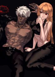  1boy :| bare_shoulders belt black_belt black_jacket black_pants black_shirt blue_eyes closed_mouth crop_top dark-skinned_male dark_nipples dark_skin english_commentary female hand_on_own_chin highres jacket jewelry k&#039;_(kof) kula_diamond long_hair looking_to_the_side necklace nipples no_shirt official_alternate_hair_color orange_hair pants pectorals red_eyes shirt short_hair sleeveless syachiiro the_king_of_fighters toned toned_female toned_male white_hair 