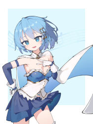 biluoyao blue_background blue_eyes blue_hair blue_skirt border cape detached_sleeves female floating_cape fortissimo gloves hair_ornament highres magical_girl mahou_shoujo_madoka_magica mahou_shoujo_madoka_magica_(anime) miki_sayaka miki_sayaka_(magical_girl) musical_note musical_note_hair_ornament outside_border sheet_music short_hair skirt solo soul_gem white_border white_cape white_gloves 