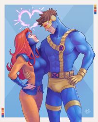  1boy absurdres blue_bodysuit bodysuit breasts brown_hair covered_abs cyclops_(x-men) female gloves hand_on_own_hip heart highres jean_grey long_hair looking_at_viewer male_underwear marvel medium_breasts orange_hair paulovitorart short_hair superhero_costume two-tone_bodysuit underwear x-men yellow_bodysuit yellow_gloves yellow_male_underwear 