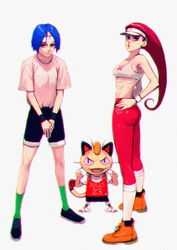  1boy air_jordan air_jordan_6 alternate_costume ass blue_eyes blue_hair boots breasts brown_footwear chicago_bulls chromatic_aberration clothed_pokemon cosplay crossbonedx fangs female full_body green_socks hair_slicked_back hand_on_own_hip highres james_(pokemon) jessie_(pokemon) leggings long_hair looking_at_viewer medium_breasts meowth michael_jordan michael_jordan_(cosplay) middle_finger midriff national_basketball_association navel open_mouth own_hands_together parted_bangs pokemon pokemon_(anime) pokemon_(creature) red_hair shoes short_hair smile sneakers socks sports_bra standing streetwear team_rocket timberland v-shaped_eyebrows very_long_hair visor_cap whiskers white_headwear white_sports_bra 