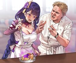  1boy @_@ absurdres apron blonde_hair blunt_bangs blurry blurry_background braid breasts bridal_gauntlets chef cooking crossover electricity female food foxyreine frilled_apron frills frying_pan genshin_impact gordon_ramsay hair_ornament hand_up hands_up hell&#039;s_kitchen highres holding indoors ladle large_breasts long_hair low-braided_long_hair low-tied_long_hair mole mole_under_eye neck_ribbon obi open_mouth parted_lips pencil_behind_ear purple_eyes purple_hair raiden_shogun raised_eyebrows real_life real_life_insert ribbon sash short_hair spoon tearing_up watch white_apron window wrinkled_skin wristwatch 