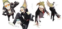  1boy :d belt bespectacled blonde_hair blurry boku_no_hero_academia boots casual costume crested_hair depth_of_field epaulettes facial_hair fingerless_gloves glasses gloves green_eyes grin hair_up headphones highres holding holding_phone jacket long_hair male_focus microphone moustache multiple_views on_floor pants phone present_mic rivets shoes simple_background smile standing sunglasses tabi text_messaging tied_hair tinted_eyewear translation_request unworn_shoes ura_musi white_background 