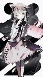  absurdres animal_ears bag black_ribbon blush cat_ears cat_girl cat_tail closed_mouth female fishnet_legwear fishnets frills hair_ribbon heart highres long_sleeves original pink_hair pink_skirt ribbon short_hair skirt solo tail tears tekito_midori white_hair 