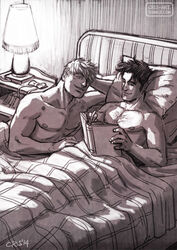  2boys bad_id bad_tumblr_id bara book chest_hair commentary couple cris_art desk_lamp english_commentary feet_out_of_frame from_above holding holding_book hulkling indoors lamp lying male_focus marvel monochrome multiple_boys nipples nude on_back on_bed pectorals pillow reading shared_blanket short_hair sideburns smile thick_eyebrows toned toned_male wiccan yaoi 