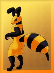  2020 abstract_background antennae_(anatomy) anthro arthropod artist_name ass bee black_body black_eyes claws digitigrade fluffy fur gradient_background hi_res hymenopteran insects male nude orange_body paws pink_paws simple_background smile solo spikes standing wide_hips wolfarion 