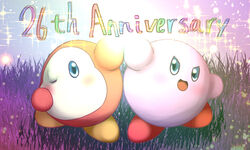  ambiguous_gender anniversary blue_eyes blush bunnag digital_media_(artwork) duo english_text grass kirby kirby_(series) nintendo open_mouth pink_body plant red_body shaded sparkles text waddle_dee 