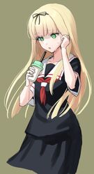  bad_id bad_pixiv_id black_ribbon black_serafuku black_shirt black_skirt blonde_hair cowboy_shot drinking_straw faker_ktd female green_eyes grey_background hair_ribbon kantai_collection long_hair neckerchief red_neckerchief ribbon sailor_collar school_uniform serafuku shirt simple_background skirt solo straight_hair tumbler white_sailor_collar yuudachi_(kancolle) 