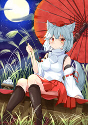  :&lt; animal_ear_fluff animal_ears bare_shoulders black_socks blush breasts cloud commentary_request crossed_bangs dango detached_sleeves dutch_angle expressionless feet_out_of_frame female food full_moon grass hat inubashiri_momiji looking_at_viewer medium_breasts moon night oil-paper_umbrella orange_eyes pleated_skirt pom_pom_(clothes) red_footwear red_hat red_skirt ribbon-trimmed_sleeves ribbon_trim rururiaru sanbou shirt short_hair sitting skirt sky sleeves_past_wrists socks solo star_(sky) starry_sky susuki_grass tail tokin_hat touhou tsukimi tsukimi_dango turtleneck umbrella wagashi white_hair white_shirt wide_sleeves wolf_ears wolf_tail 