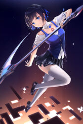  absurdres alternate_costume blue_eyes blue_hair bug butterfly closed_mouth female full_body highres holding holding_weapon honkai_(series) honkai_impact_3rd looking_at_viewer school_uniform scythe seele_vollerei seele_vollerei_(swallowtail_phantasm) short_hair skirt smile solo tattoo thighhighs weapon white_butterfly white_thighhighs yuyu_guantou_(marky) 