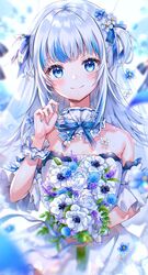  alternate_costume amaki_ruto bad_id bad_twitter_id bare_shoulders blue_eyes blue_hair blush bouquet breasts bridal_veil bride commentary dress english_commentary female flower gawr_gura grey_hair hololive hololive_english long_hair looking_at_viewer multicolored_hair smile solo streaked_hair veil virtual_youtuber wedding_dress white_dress 