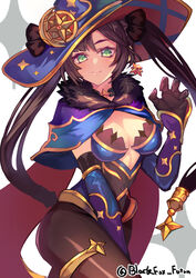  between_legs black_hair blue_hat blue_leotard bodystocking breasts cape chinese_commentary choker commentary cowboy_shot earrings female fur_collar genshin_impact gold_trim green_eyes hand_between_legs hat hat_ornament highleg highleg_leotard highres jewelry leotard light_smile long_hair looking_at_viewer medium_breasts mixed-language_commentary mona_(genshin_impact) pantyhose purple_cape purple_hat purple_leotard revision simple_background solo sparkle_print star_(symbol) star_choker star_earrings thighlet twintails twitter_username white_background witch_hat yu_kitsune 