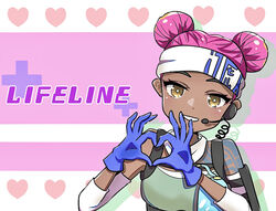  animification apex_legends arm_tattoo bad_id bad_pixiv_id blue_gloves character_name dark-skinned_female dark_skin detached_sleeves double_bun eyeshadow female gloves green_tank_top hair_bun head_tilt headset heart heart_hands highres lifeline_(apex_legends) looking_at_viewer makeup mask mask_around_neck nepitasu pink_eyeshadow pink_hair smile solo tank_top tattoo 