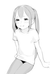  bad_id bad_pixiv_id blush closed_mouth female greyscale highres k-on! long_hair looking_at_viewer luimiart monochrome nakano_azusa panties pantyhose shirt short_sleeves simple_background sitting smile solo twintails underwear white_background 