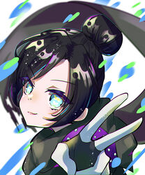  animification apex_legends bad_id bad_pixiv_id black_gloves black_hair black_scarf blue_eyes female gloves hair_behind_ear hair_bun head_tilt highres looking_at_viewer nepitasu nose_piercing parted_bangs piercing portrait scarf single_hair_bun smile solo v white_background wraith_(apex_legends) 