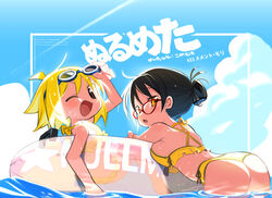  2girls adjusting_goggles ahoge alternate_costume artist_name ass bikini blonde_hair blue_sky breasts brown_eyes cloud contrail copyright_name day feet_out_of_frame folded_ponytail frilled_bikini frills goggles goggles_on_head hair_between_eyes hair_up highres innertube kokaki_mumose large_breasts looking_at_viewer looking_back multiple_girls null-meta ocean one_eye_closed open_mouth partially_submerged red-framed_eyewear short_hair sky smile souen_chiaki sunlight swim_ring swimsuit uozumi_kurumi water yellow_bikini yellow_eyes 