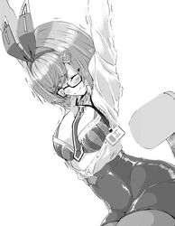  arms_up ash_arms b-kyuu_ocha between_breasts bf_109_e4_(ash_arms) bob_cut bra breasts bursting_breasts chair closed_mouth commentary cross cross_necklace dress_shirt dutch_angle female glasses greyscale hair_ornament hair_ribbon halftone high-waist_skirt highres id_card jewelry lanyard long_sleeves medium_breasts miniskirt monochrome necklace necktie office_chair office_lady pantyhose partially_unbuttoned pencil_skirt ribbon semi-rimless_eyewear shirt short_hair sitting skirt smile solo stretching striped_bra striped_clothes swivel_chair trembling under-rim_eyewear underwear wardrobe_malfunction wing_collar 