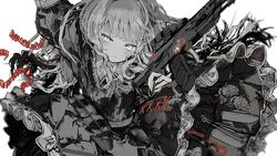  arm_up assault_rifle black_dress blunt_bangs cable closed_mouth commentary dress explosive female frilled_dress frills grenade gun highres holding holding_gun holding_weapon knife long_hair long_sleeves original rifle simple_background solo tekito_midori very_long_hair weapon white_background white_hair 