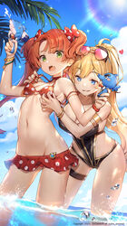  2girls armlet armpits bare_shoulders bikini bikini_skirt black_one-piece_swimsuit blonde_hair blue_eyes bow bracelet breasts choker cleavage cloud commentary day dual_wielding eyewear_on_head girl_cafe_gun green_eyes groin hairbow highres holding jewelry juno_emmons large_breasts long_hair looking_at_viewer micro_bikini multiple_girls navel oerba_yun_fang official_art one-piece_swimsuit open_mouth orange_hair outdoors palm_leaf parted_lips photoshop_(medium) ponytail red_bikini rococo_(girl_cafe_gun) side_ponytail small_breasts smile stomach sun sunglasses sunlight swimsuit thigh_strap untied_bikini very_long_hair wading water water_gun watermark wet whoisshe yuri 