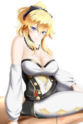  bangs banned_artist bare_shoulders blonde_hair blue_bow blue_eyes bow breasts cleavage commentary corset detached_collar detached_sleeves female genshin_impact hair_between_eyes hairbow highres jean_gunnhildr kimmy77 large_breasts leggings long_hair long_sleeves looking_at_viewer pants sidelocks simple_background sitting solo strapless thighs white_background white_pants 