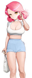  bag bare_legs breasts cameltoe choker cleavage crop_top cropped_shirt eden_(shiroki_yuutsu) feet_out_of_frame female fingernails high-waist_shorts highres holding holding_bag holding_phone large_breasts looking_at_viewer medium_hair original phone pink_hair shirt short_shorts shorts simple_background solo vanilla_(eden_(shiroki_yuutsu)) white_background white_choker white_shirt yellow_eyes 