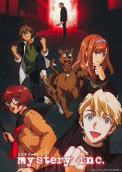  1990s_(style) 2girls 3boys animification black_serafuku blonde_hair blood blood_on_weapon brown_hair canine cardigan cioccolatodorima collar daphne_ann_blake english_text facial_hair fox_mask freckles fred_jones gakuran glasses highres holding holding_knife knife mask mixed-language_text movie_poster multiple_boys multiple_girls orange_hair red_hair retro_artstyle sailor_collar school_uniform scooby-doo scooby-doo_(character) serafuku shaggy_rogers shoes sneakers stubble velma_dace_dinkley weapon 