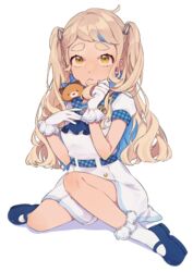  absurdres arata_(user_jjxc7843) belt blonde_hair blue_belt blue_bow blue_footwear bow dress female frilled_socks frills full_body gloves gonzalez_(machita_chima) hair_behind_ear hamster highres looking_up machita_chima machita_chima_(4th_costume) nijisanji simple_background socks solo squatting thick_eyebrows two_side_up virtual_youtuber white_background white_dress white_gloves yellow_eyes 