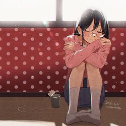  black_hair blue_skirt blush closed_eyes closed_mouth commentary dated day eyebrows_hidden_by_hair female flower full_body glasses hair_between_eyes heart heart_of_string hugging_own_legs indoors kitashirakawa_tamako legs_together lens_flare long_hair long_sleeves momose_(oqo) on_floor pink_sweater polka_dot protected_link signature sitting skirt smile socks solo string string_phone sunlight sweater symbol-only_commentary tamako_market wallpaper_(object) white_socks window 