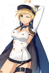  arms_up azur_lane bandaid bandaid_on_leg blonde_hair blue_cape blue_eyes blue_necktie breasts california_(azur_lane) cape cleavage commentary_request cowboy_shot detached_collar detached_sleeves dress female hat highres leg_belt looking_at_viewer medium_breasts microdress necktie one_eye_closed panties pantyshot parted_lips pazuzu438 pouch short_hair short_necktie sideboob sidelocks simple_background smile solo standing strapless strapless_dress stretching thigh_pouch thigh_strap underwear white_background white_dress white_hat white_panties white_sleeves 