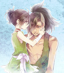  1boy arm_wrap bags_under_eyes black_hair blue_background brown_eyes dororo_(character) dororo_(tezuka) female hair_over_one_eye hair_up long_hair looking_at_another scar scar_on_chest shiranui_(dororo) short_hair simple_background sitting sugahara_ryuu 