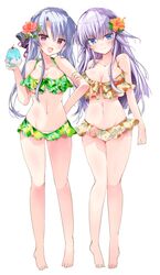  2girls :d arm_at_side arm_hug asahina_yori bare_arms bare_shoulders barefoot bikini blue_eyes blue_hair blush braid breasts cleavage closed_mouth collarbone commentary_request crown_braid curvy eyelashes eyes_visible_through_hair feet flower food frilled_bikini frills green_bikini hair_between_eyes hair_flower hair_ornament hand_up highres holding holding_food holding_ice_cream ice_cream large_breasts long_hair looking_at_viewer multiple_girls navel open_mouth orange_bikini orange_flower purple_hair red_eyes red_flower siblings sidelocks simple_background sisters smile sorakado_ai sorakado_ao standing stomach straight-on summer_pockets swimsuit thighs toes twintails very_long_hair white_background 