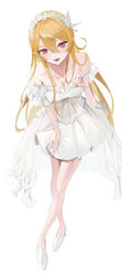  :p absurdres bare_legs bare_shoulders blonde_hair breasts cleavage collarbone commentary crossed_legs dress eyelashes female flower full_body guriddopitto hair_between_eyes hair_flower hair_ornament hair_over_shoulder hairband hand_on_own_thigh high_heels highres jewelry leaning_forward long_hair looking_at_viewer medium_breasts nijisanji nijisanji_en open_hand pinky_out pomu_rainpuff red_eyes ring sidelocks simple_background solo standing strapless strapless_dress tachi-e tongue tongue_out very_long_hair virtual_youtuber white_background white_dress white_flower white_footwear white_theme 