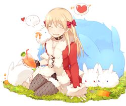  :3 animal_on_shoulder belt_collar black_shorts blonde_hair blush bow carrot carrot_juice closed_eyes collar commentary_request drinking_straw eclipse_(ragnarok_online) endo_mame female fishnet_pantyhose fishnets full_body fur-trimmed_jacket fur-trimmed_shorts fur_trim grass hairbow heart jacket juice long_hair long_sleeves lunatic_(ragnarok_online) open_clothes open_jacket open_mouth pantyhose rabbit ragnarok_online rainbow_order red_bow red_jacket rogue_(ragnarok_online) short_shorts shorts sitting spoken_heart white_background yokozuwari 