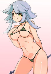  arm_behind_back baphomet_(megido72) bell bikini breasts collar female green_bikini grey_hair hand_on_own_chest highres hinata_(koukouya) holding holding_staff leaning_forward looking_at_viewer medium_breasts megido72 micro_bikini navel neck_bell short_hair sidelocks smile solo staff swimsuit yellow_eyes 