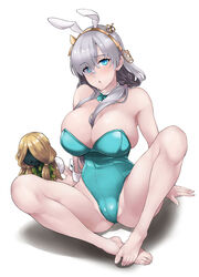  :o alternate_hairstyle anastasia_(fate) animal_ears bare_legs bare_shoulders barefoot blue_eyes blush bow bowtie breasts cleavage detached_collar doll eyes_visible_through_hair fake_animal_ears fate/grand_order fate_(series) feet female full_body green_bow green_bowtie grey_hair hair_between_breasts hair_over_one_eye highleg highleg_leotard knees_up large_breasts leotard long_hair looking_at_viewer playboy_bunny rabbit_ears shadow sitting soba_(saz) solo spread_legs strapless strapless_leotard viy_(fate) white_background wrist_cuffs 