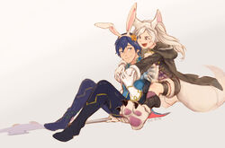  1boy alternate_costume animal_ears animal_hands blue_hair chrom_(fire_emblem) chrom_(spring)_(fire_emblem) claws fake_animal_ears female fire_emblem fire_emblem_awakening fire_emblem_heroes fur_trim gloves hug hug_from_behind jacket paw_gloves paw_shoes rabbit_ears robin_(female)_(fire_emblem) robin_(female)_(halloween)_(fire_emblem) robin_(fire_emblem) shoes short_hair short_shorts shorts tail tio-trile twintails white_hair wolf_ears wolf_tail 