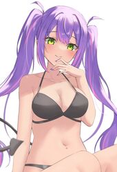  bikini black_bikini breasts cleavage collarbone demon_tail female green_eyes halterneck highres hololive long_hair looking_at_viewer medium_breasts multicolored_hair navel navel_piercing pendora1022 piercing pink_hair purple_hair simple_background smile solo stomach string_bikini swimsuit tail tokoyami_towa twintails upper_body virtual_youtuber white_background 